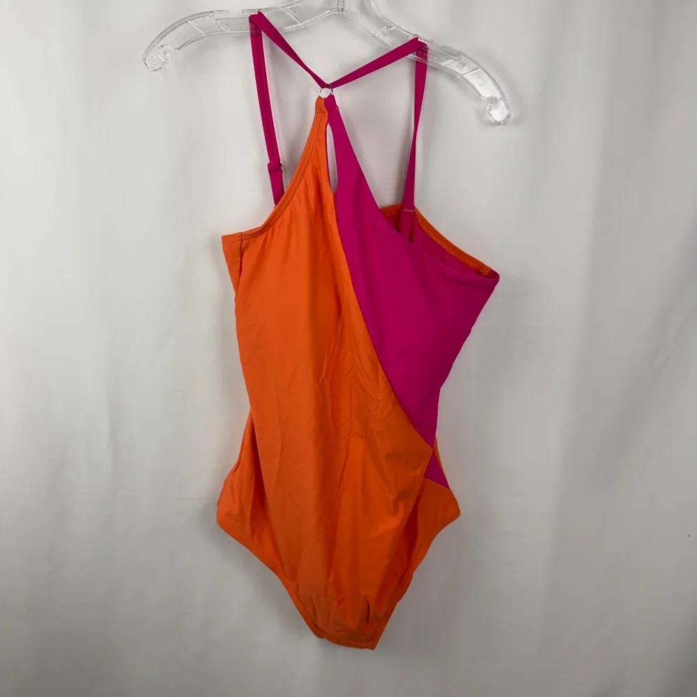Lands' End One Piece Womens L Orange UPF 50 One Shoulder Tummy Control Swimsuit